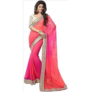 SOFTIEONS E-COMMERCE Sarees Solid Pink And Beige  Coloured Georgette Fashion Party Wear Women's Saree/Sari With Blouse Piece.