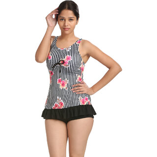                       Adorable Swim Sexy Black And White Striped Floral Print Cut-Sleeve Scoop Neck Two Piece Tankini-Beach Wear                                              