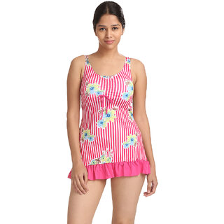                       Adorable Swim Sexy Striking Pink And White Striped Floral Print Cut-Sleeve Scoop Neck Two Piece Tankini-Beach Wear                                              