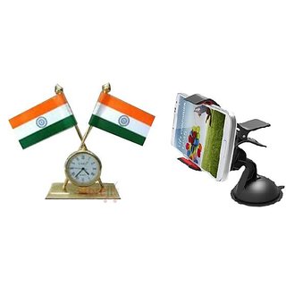 Indian Flag With Clock For Office Car Home + Car Mobile Holder