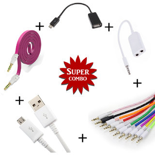 Combo of Aux, OTG Cable, Splitter and data cable (Assorted Colors)