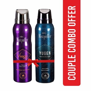 Mistpoffer Virago Perfumed Deodorant + Mistpoffer Yugen Perfumed Deodorant Body Spray Couple Combo Offer Pack of 2 for Men  Women 150 ml Each