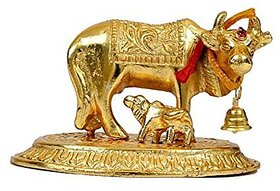 Handmade Aluminium Lord krishna's Kamdhenu with Cow Calf Golden Brass Idol GAI Statue for Pooja  Decor