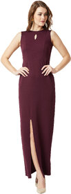 Miss Chase Women's Wine Red Round Neck Sleeveless Solid Bodycon Slit Detailing Maxi Dress