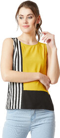 Miss Chase Women's Multicoloured With A Yellow Base Round Neck Sleeveless Striped Panelled Colourblock Top