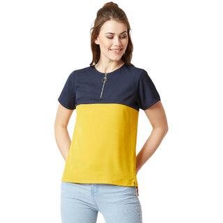                       Miss Chase Women's Multicolored With A Navy Blue Base Round Neck Short Sleeve Solid Boxy Zip Detailing Colourblock Regular Length Top                                              