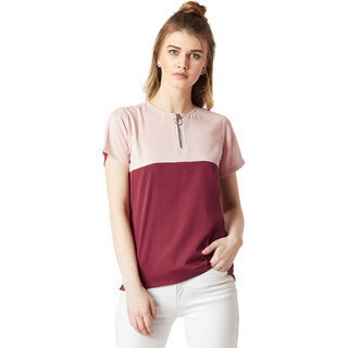                       Miss Chase Women's Blush Pink & Maroon Round Neck Short Sleeve Solid Boxy Zip Detailing Colour Block Top                                              