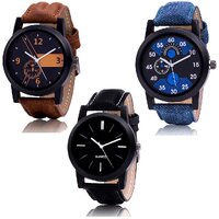 Swadesistuff New Analog Leather Strap Round Watch for Men (Pack of 3, Multicolor)