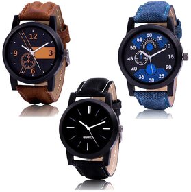 Swadesistuff New Analog Leather Strap Round Watch for Men (Pack of 3, Multicolor)