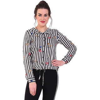                       Popster Multi printed stripes Cotton Collar Regular Fit Long Sleeve Womens Top                                              