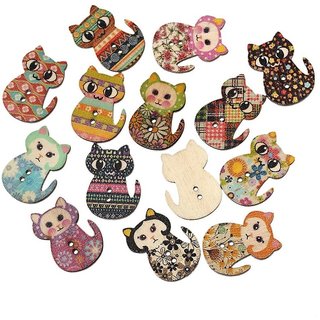 Aeoss Wooden Buttons Multicolored Cat Shaped 2 Holes Wood Printing Sewing Buttons for Sewing and Crafting DIY,Pack of 50
