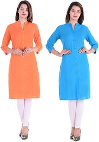 Chinmaya Casual Solid Women Kurti Pack Of 2 Orange Light Blue