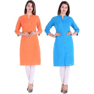                       Chinmaya Casual Solid Women Kurti Pack Of 2 Orange Light Blue                                              