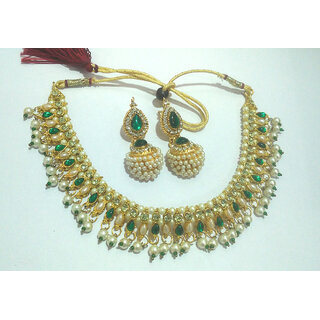                       Green Tilak Pearl Drop Gota Necklace Set                                              