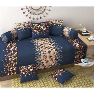 SHAKRIN Diwan Set of 8 Pieces (1 Single Bedsheet with 2 Bolsters Covers and 5 Cushion Covers) Colorfull Box