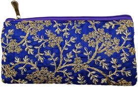 PRODUCTMINE Antique Golden Color Embroidered Purse Zardozi Embroidery Floral Clutch Purse Pouch - Blue