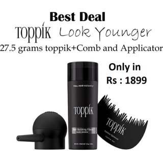Toppikk Hair Building Fibres 27.5 g Black with Hairline Optimiser Comb  Spray Applicator