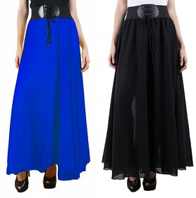 Blue,Black Georgette Plain Flared Skirt With Belt For Women