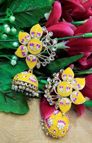 Yellow Pink Meenakari Kundan Pearl Jhumki Earrings