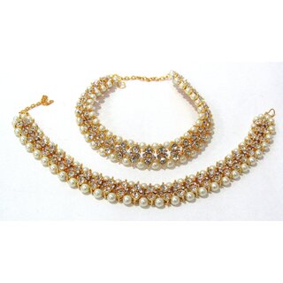                       White Pearl Round Double Stone Anklet                                              