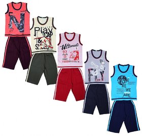 Kavin's Cotton Three-Fourth Pant with Sleeveless Tees for Boys, Pack of 5, Multicolored-Kapil