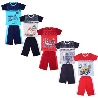 Kavin's Cotton Three-Fourth Pant with Matching Tees for Boys, Pack of 5, Multicolored-Oscar