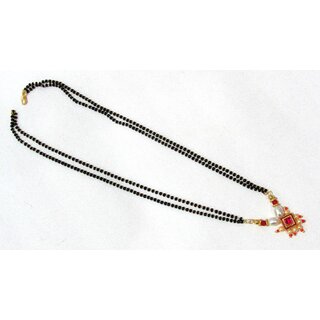                      Square Pink Stone Double Line Pearl Pendant Mangalsutra Necklace                                              
