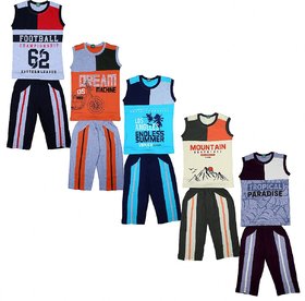 Cotton Three-Fourth Pant with Sleeveless Tees for Boys, Pack of 5, Multicoloured-Pro+