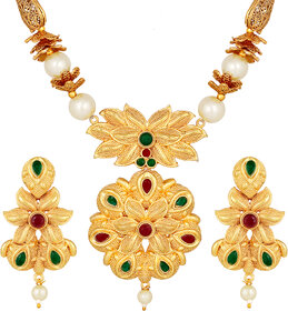 MFJ Fashion Rajwada Style  Pearl Flower Design Handcraft Brass Gold Plated Kundan Long Haram Necklace Set For Women