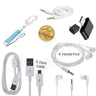 KSJ Combo of BW Selfie Stick, Aux Cable, Data Cable, Otg Cable and Universal Handfree (Assorted Colors)