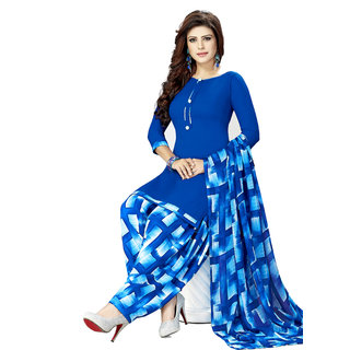 Women Shoppee Blue Printed Crepe Salwar Suit Dupatta (Unstiched Dress Material)