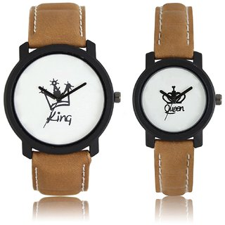 King Queen Couple Watch For Men Women Brown Belt Leather Belt Black Case White Dial