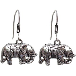 Lucky Jewellery Black Metal Silver Oxidised Elephant Design Earring