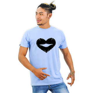 HEYUZE Cotton Half Sleeve Male Men Round Neck Printed Blue T Shirt with Love Heart Lips