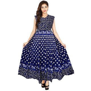 FrionKandy Blue Flared Jaipuri Traditional Printed Gown ( Free Size 36 Upto 44 )