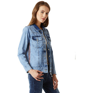 Miss chase Women's Light Blue Polo Neck Full Sleeve Denim Solid Buttoned Multicolored Twill Tape Detailing Denim Bomber Jacket