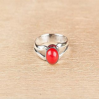                       Coral 4.25 Ratti Stone Silver Plated Adjustable  Ring  By CEYLONMINE                                              