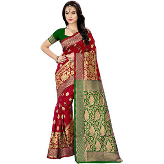                       Red Base Traditional Handloom Silk Green Pallu Saree                                              