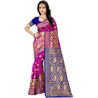                       Pink Base Traditional Handloom Silk Dark Blue Pallu Saree                                              