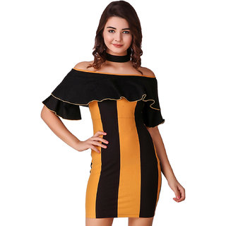 Texco Mustard and Black Striped Off Shoulder Bodycon Dress for Women
