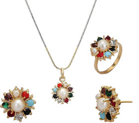 Bhagya Lakshmi Women's Pride Traditional Navratan Pendent With Earrings And Ring For Women