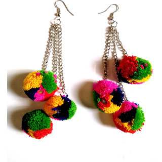 Jaamsoroyals latest multicolour long pom pom trendy earring  For Women