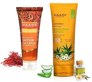 Vaadi Herbals Sunscreen Lotion SPF-50 with Aloe Vera Chamomile (110ml) and Saffron Face wash with Sandal extract (60ml)