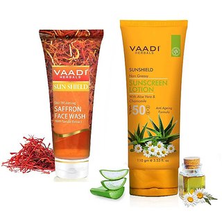                       Vaadi Herbals Sunscreen Lotion SPF-50 with Aloe Vera Chamomile (110ml) and Saffron Face wash with Sandal extract (60ml)                                              