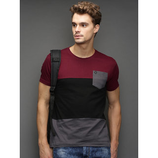 Odoky Multicolor Cotton Color Block Round Neck T-Shirt For Men NR