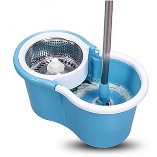                       WayMore 360 Degree Spin Floor Cleaning Easy Plastic Bucket Steel Large Size Mop with Two Microfiber Heads (Multicolour)                                              
