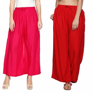                       Combo of 2 Women's Rayon Pink  Red Solid Palazzos                                              