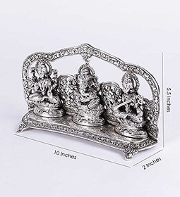 Oxidized White Silver Metal Laxmi Ganesh Saraswati Idol Handmade Handicraft for Home Decor