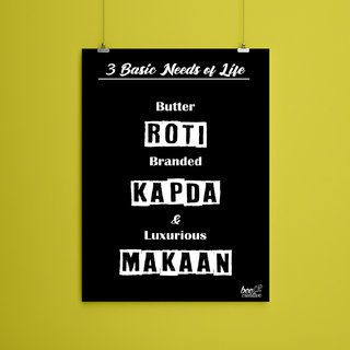 Colorful Humorous Framed Poster for Home, Hostel, Studio and Gallery I 12 x 18 Inches I Quote - Roti Kapda or Makaan