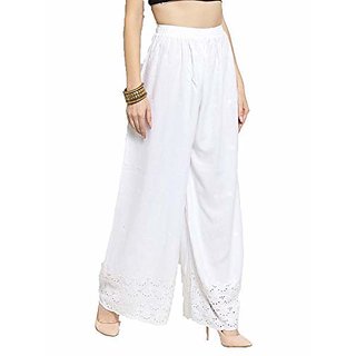                       Summer white Causal chickankari palazzo pant free size                                              